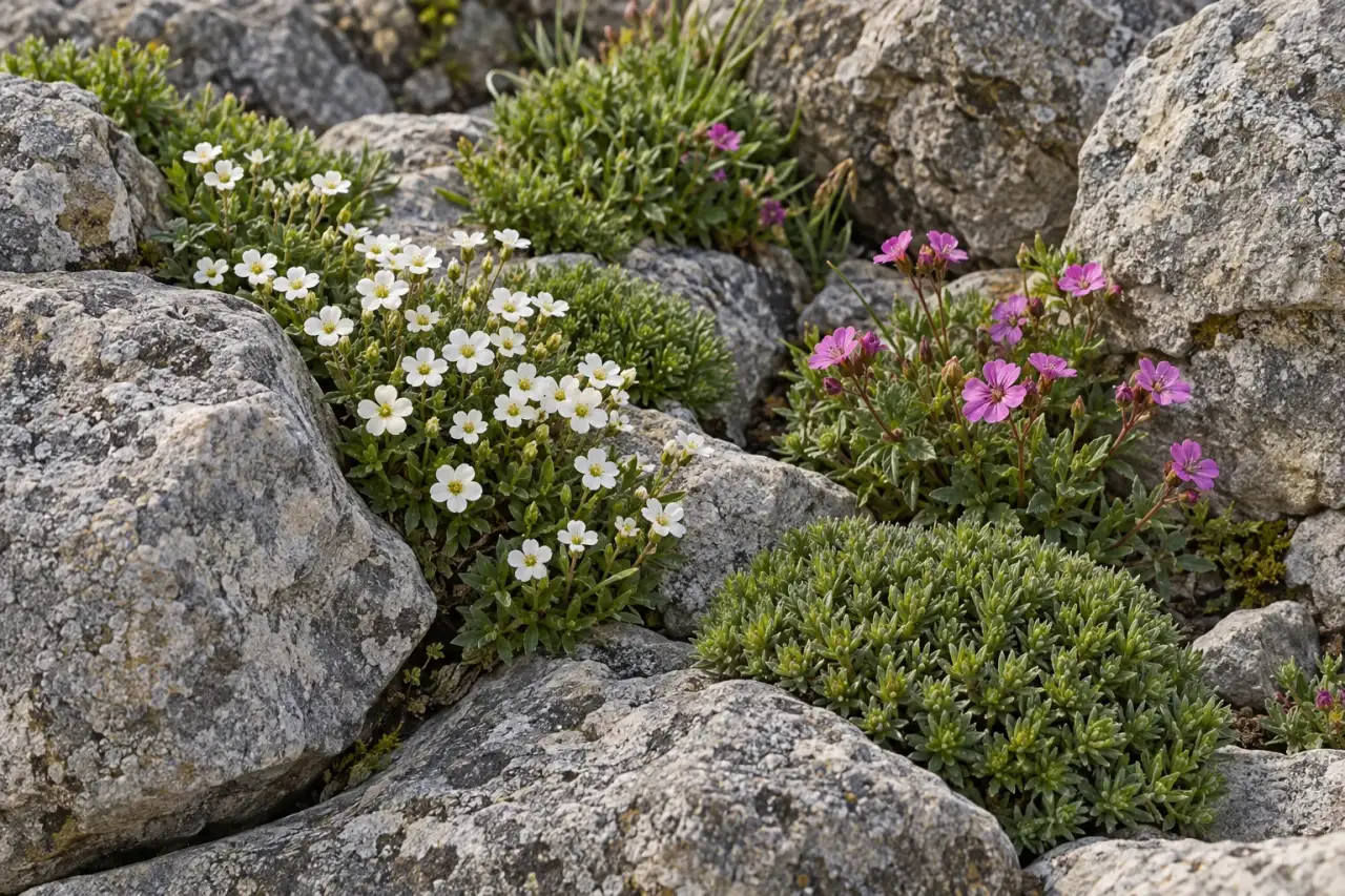 Kleine Blüten zwischen graubeigen Steinen und grünen Polstern