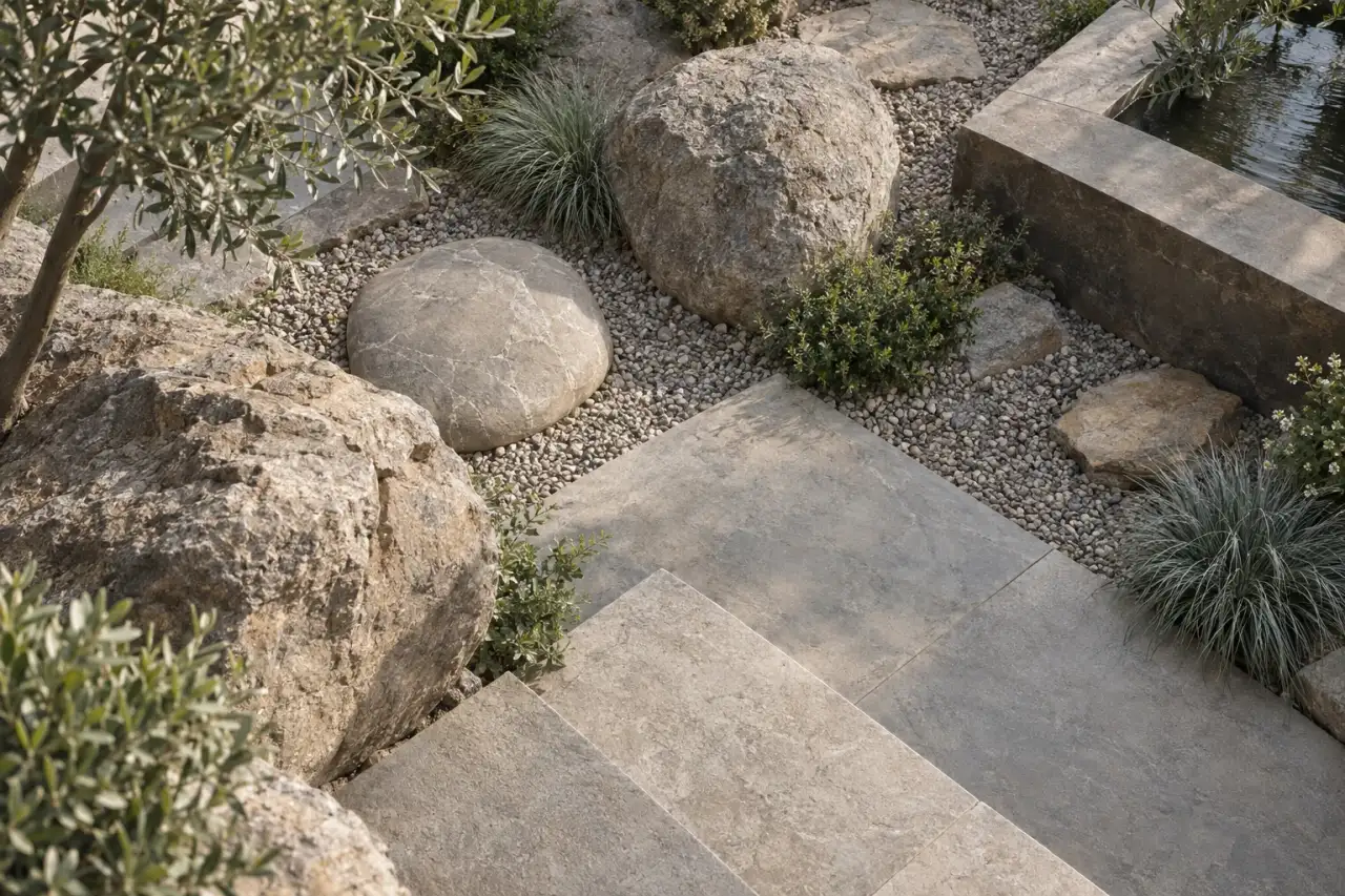 Natursteine in ruhigen Grau-, Beige- und warmen Brauntönen