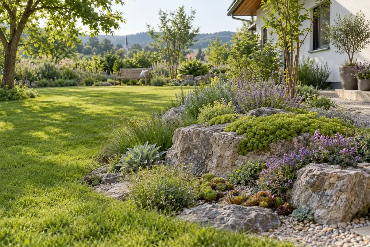 Ein bepflanzter Steingarten mit Natursteinen, Polstern und Holzbank am Haus