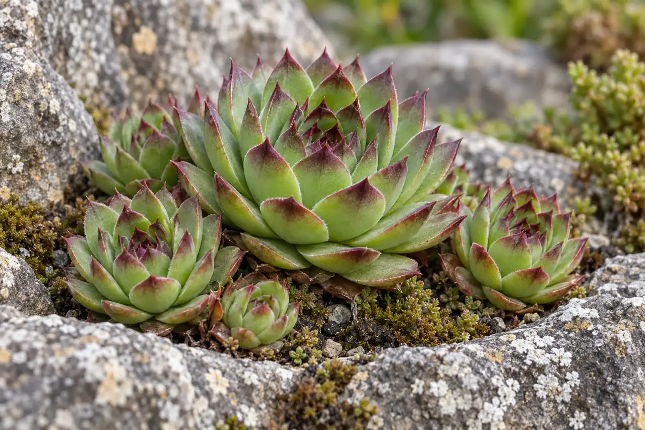 Niedrige Rosetten einer Hauswurz in einer Natursteinfuge