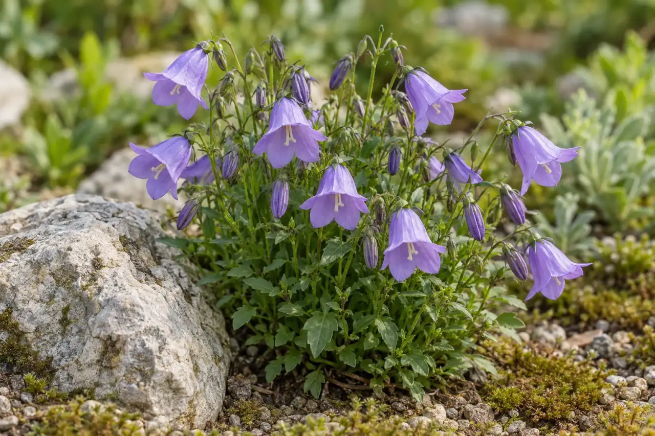 Kleine Glockenblumen mit feinen Blüten neben einem hellen Naturstein