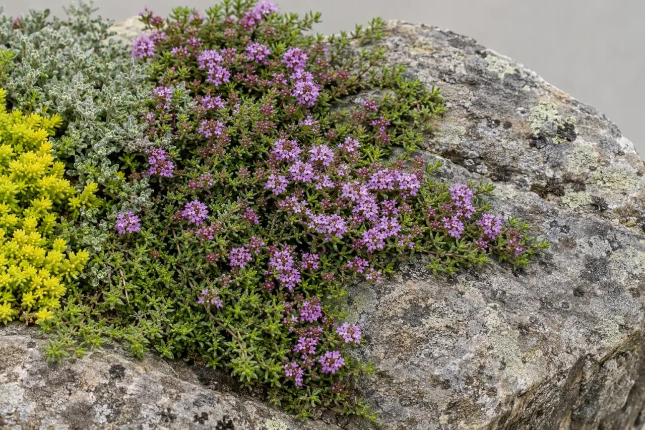 Dichtes Polster niedriger Stauden über dem Rand eines Natursteins