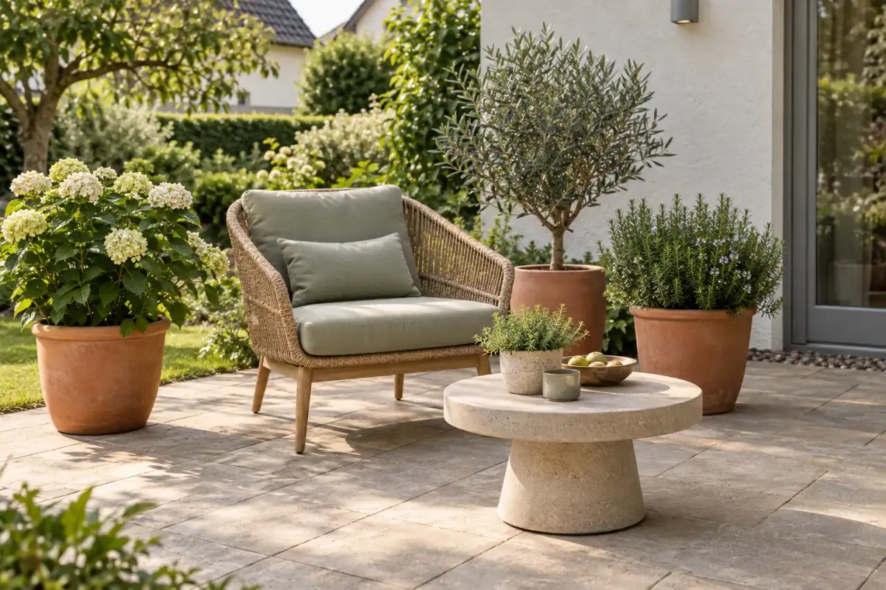 Wiederkehrende Naturfarben und Materialien zwischen üppigen Terrassenpflanzen