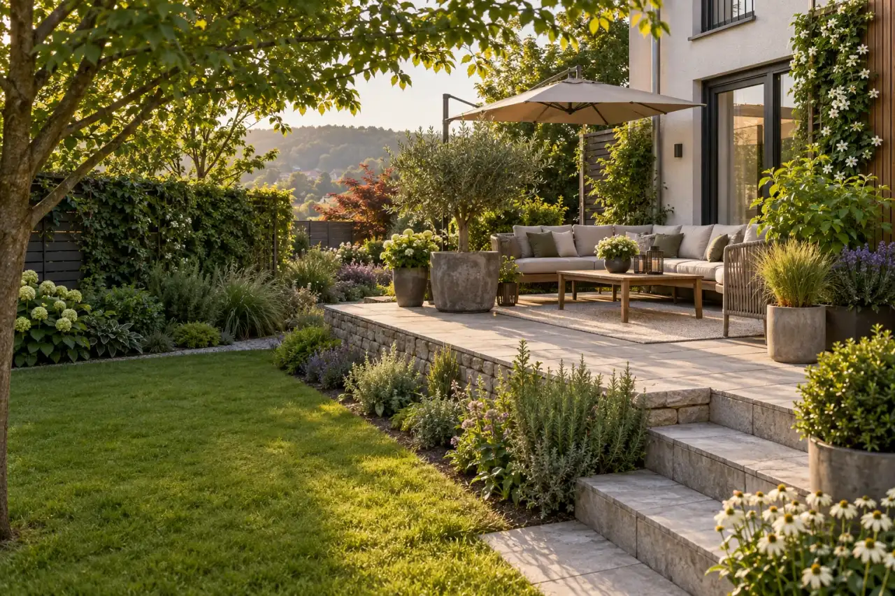 Einladender Terrassengarten mit gerahmter Sitzinsel, Gefäßgruppen und vertikalem Grün