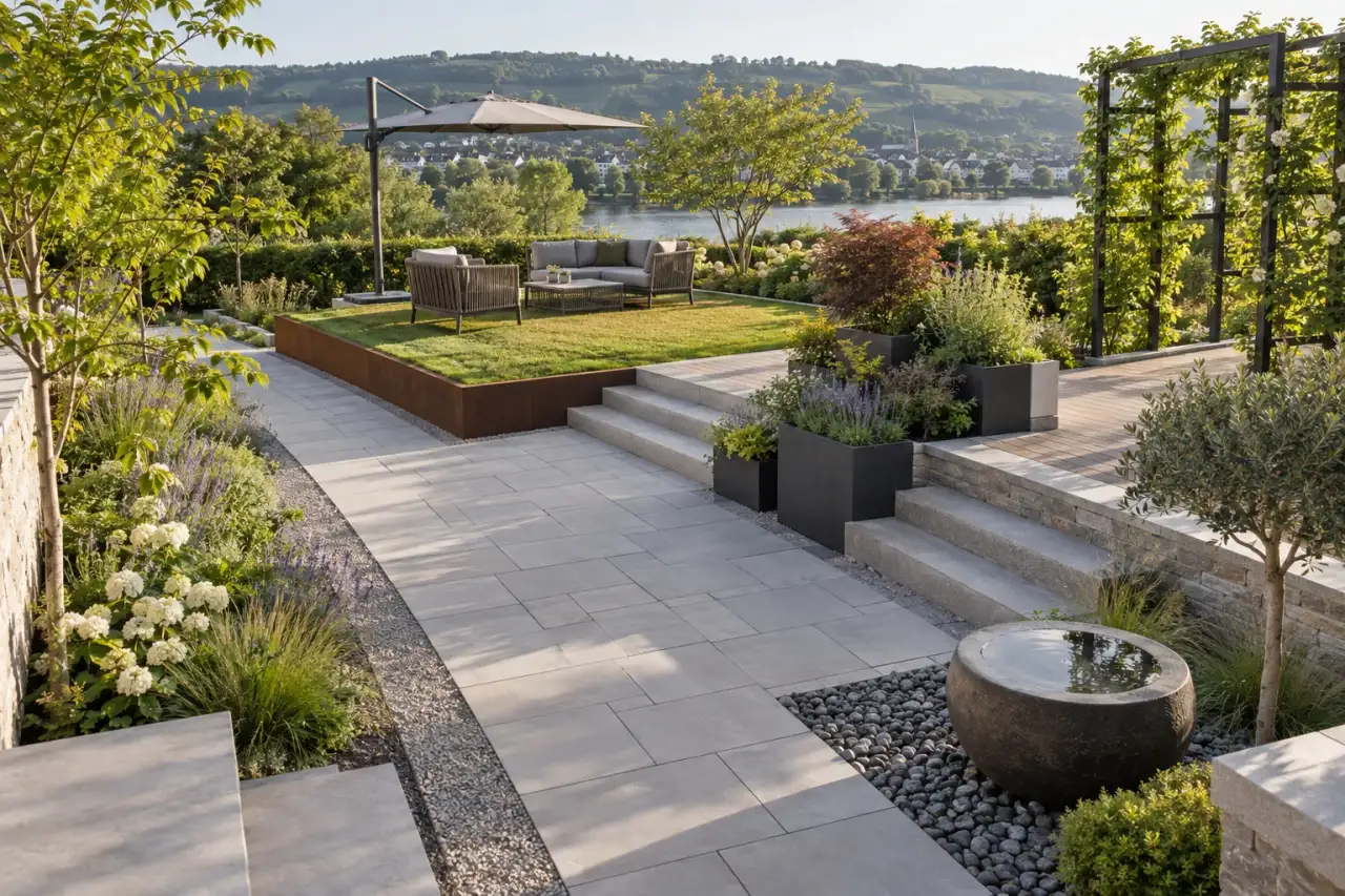 Gesamtansicht eines Terrassengartens mit Sitzinsel, Gefäßen, Pflanzkante, Rankgrün, Belagswechsel und Blickfang