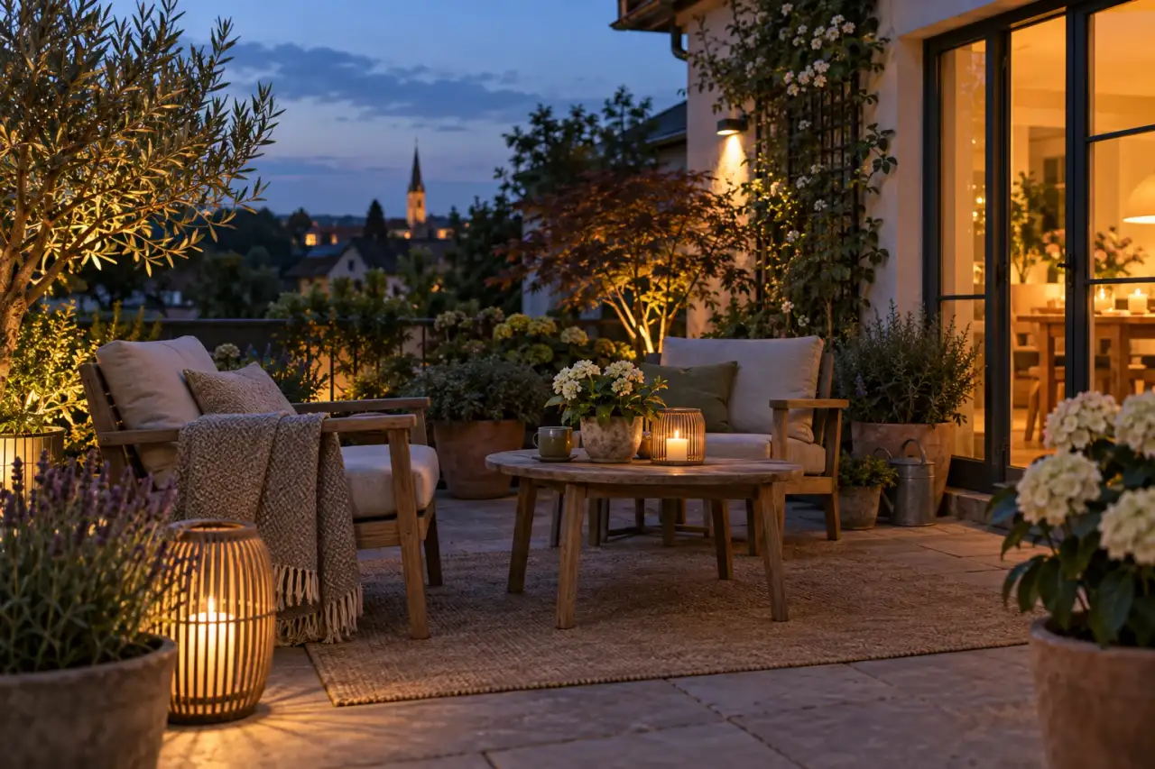 Wohnlicher Lieblingsplatz im Terrassengarten in ruhiger Abendstimmung
