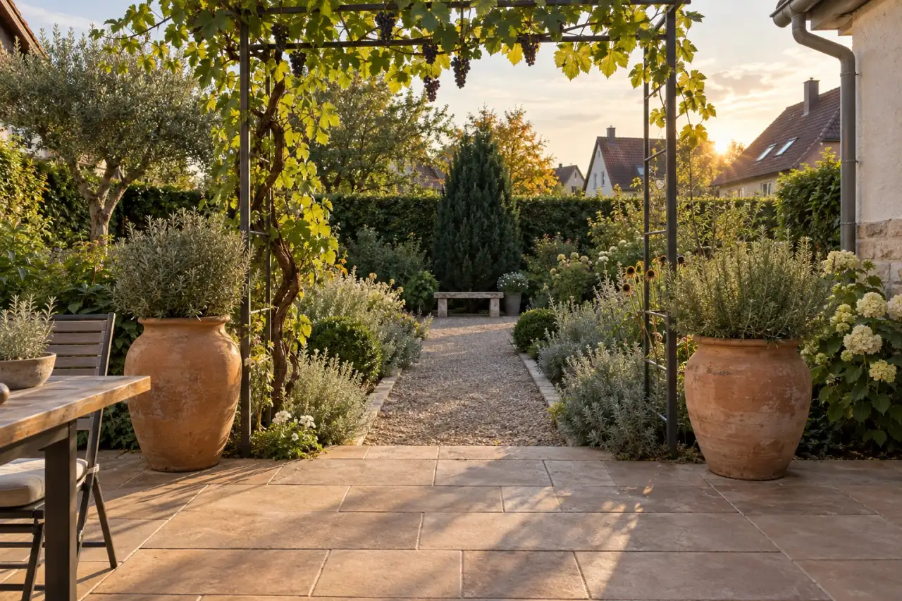 Gerahmter Gartenblick zwischen großen Gefäßen, kompakter Immergrünform und bepflanzter Rankhilfe