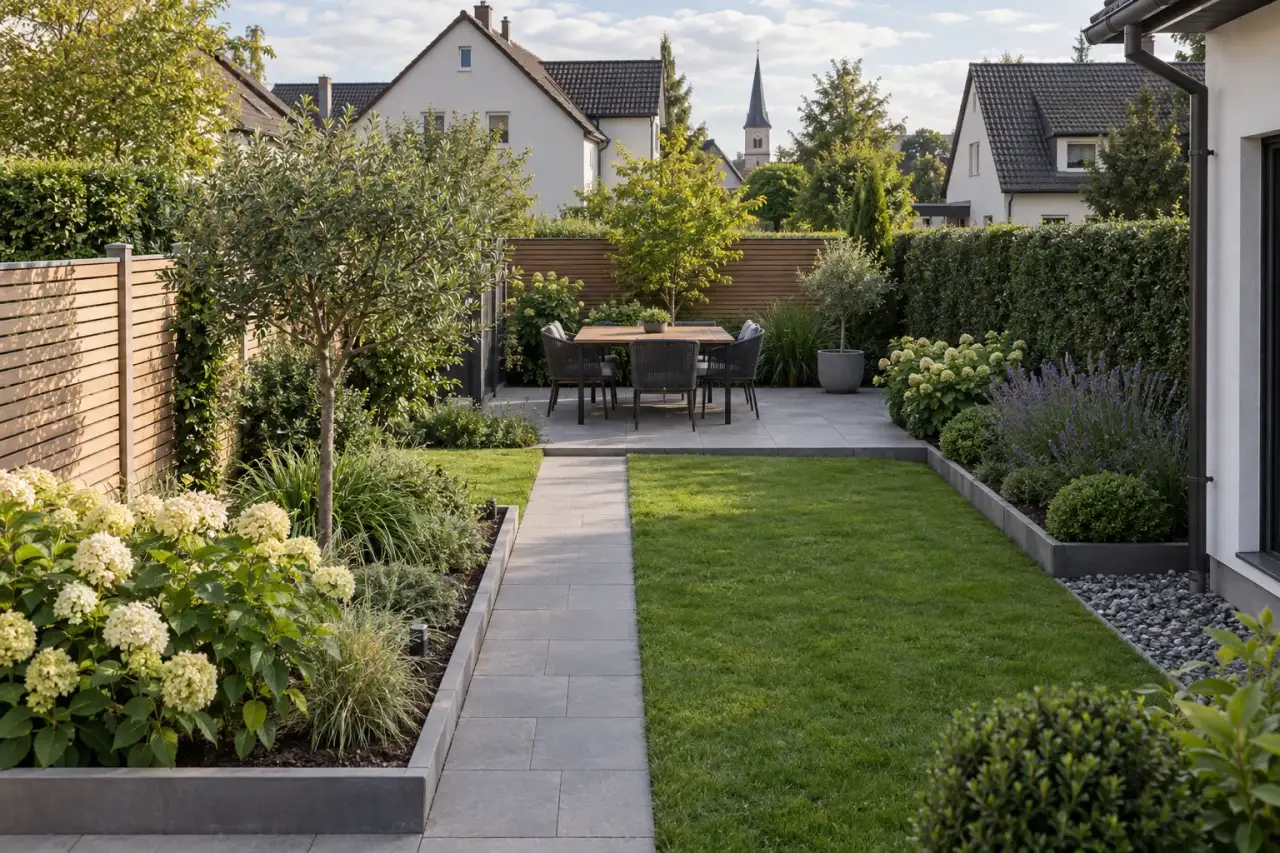 Kompakter Garten mit geradem Weg, geometrischem Sitzplatz und klar gefassten Beetkanten