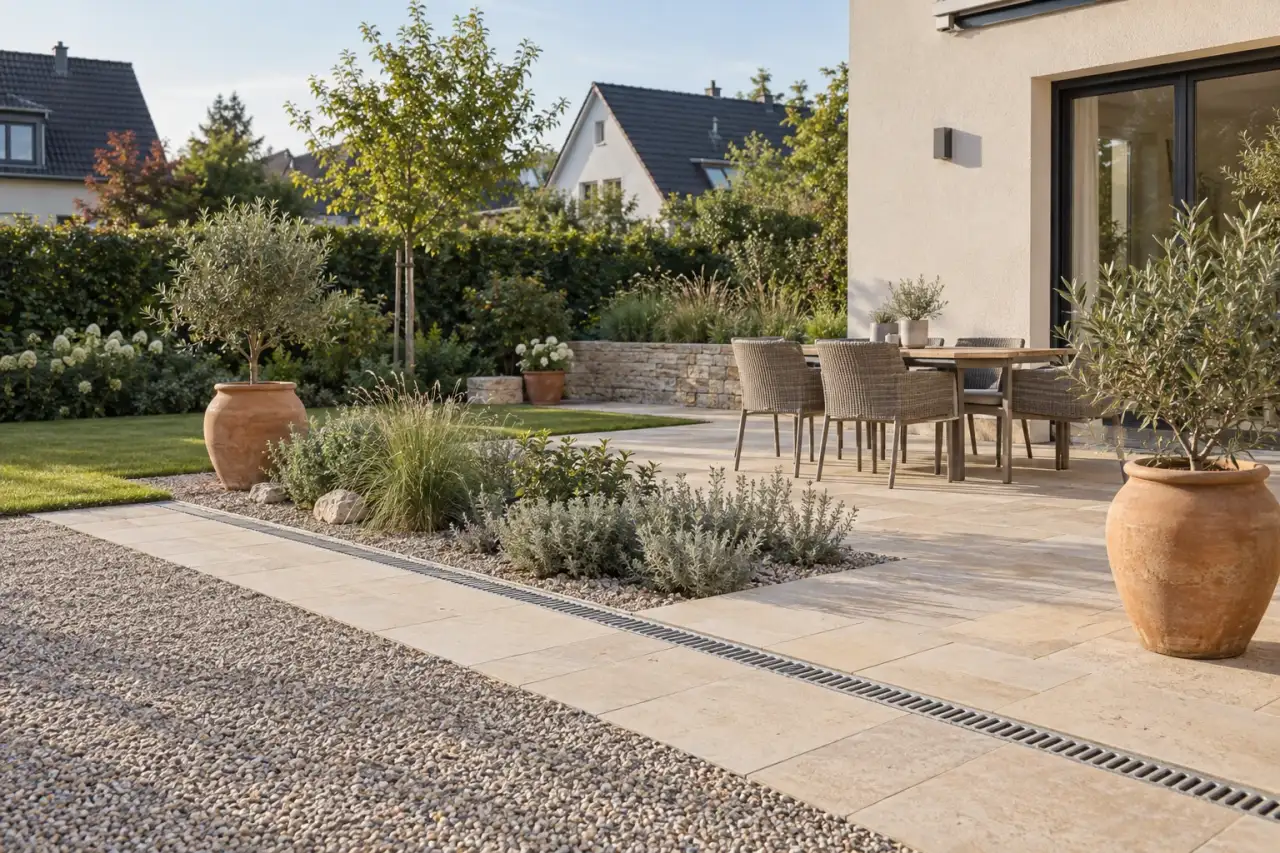 Warme mineralische Terrasse mit bepflanztem Splittstreifen und wenigen großen Terrakottagefäßen