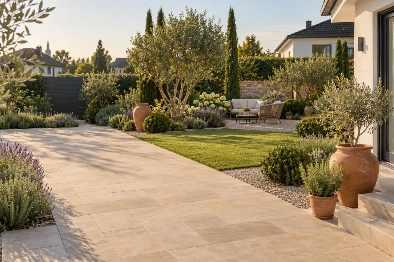 Italienisch anmutender deutscher Hausgarten mit warmer Terrasse, Lavendel, Terrakottagefäßen und klaren Beeten