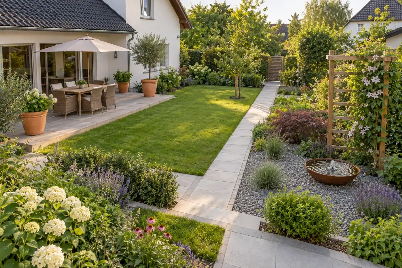 Gesamtansicht mit warmer Terrasse, großen Gefäßen, geraden Wegen, bepflanztem Splitt, Rankhilfe und kleiner Wasserstelle