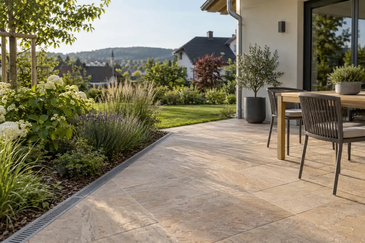 Warm wirkender Terrassenbelag mit klarer Beetkante und schlichtem Sitzplatz