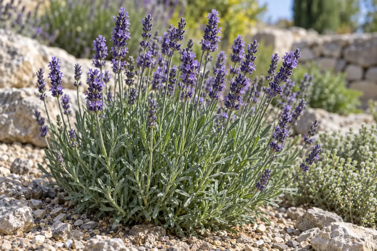 Echter Lavendel mit schmalem graugrünem Laub und violetten Blütenähren