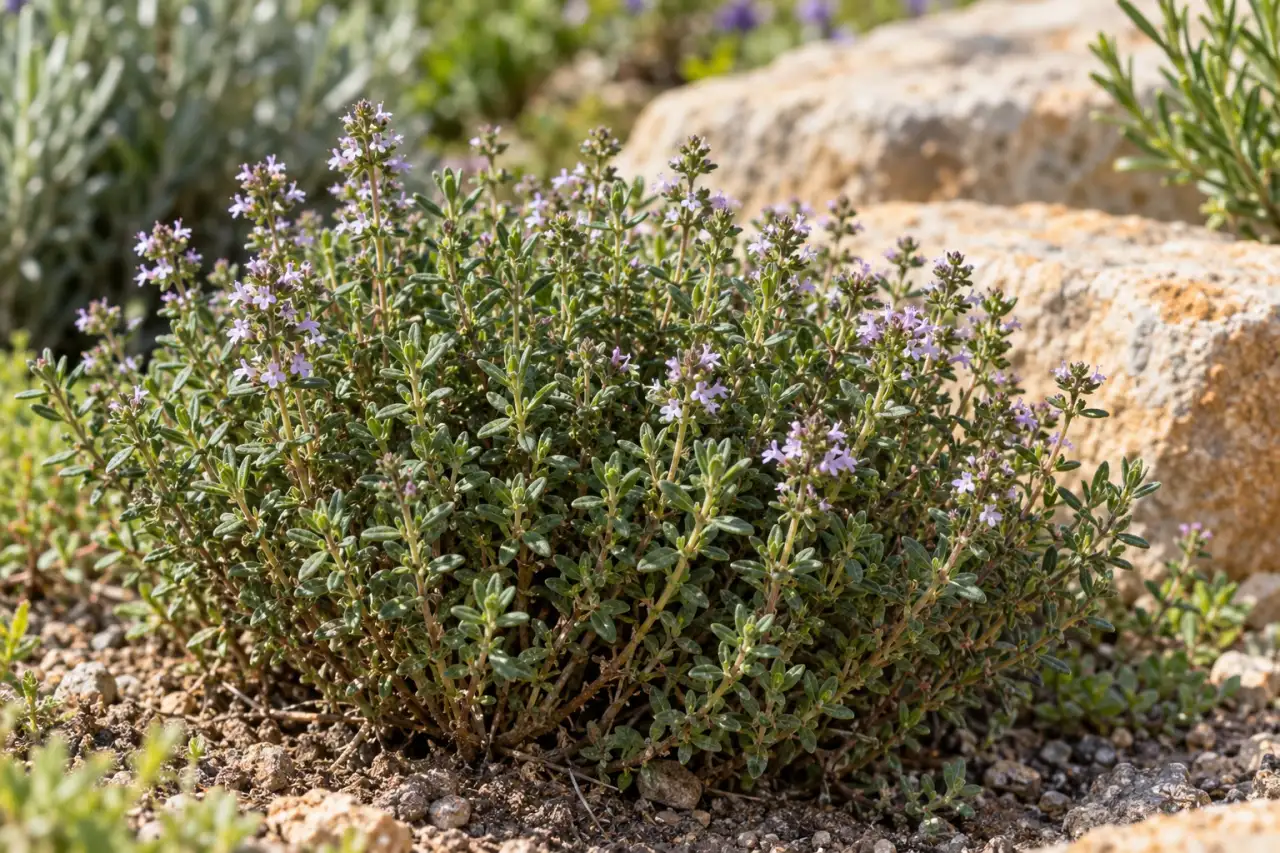 Niedriger Echter Thymian mit kleinen Blättern an einem sonnigen Beetrand