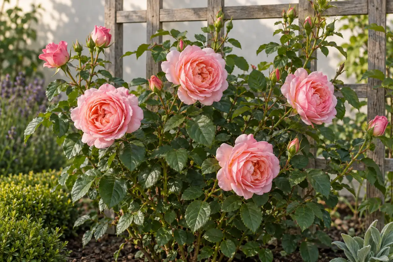 Blühende Rose in einer für den Standort ausgewählten Wuchsform an einer schlichten Rankhilfe
