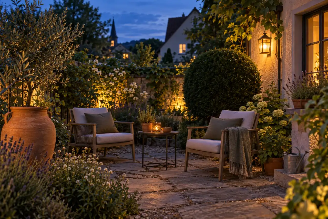 Bewohnlich wirkender Lieblingsplatz im Garten mit warmem Abendlicht, Gefäßen und ruhiger Bepflanzung