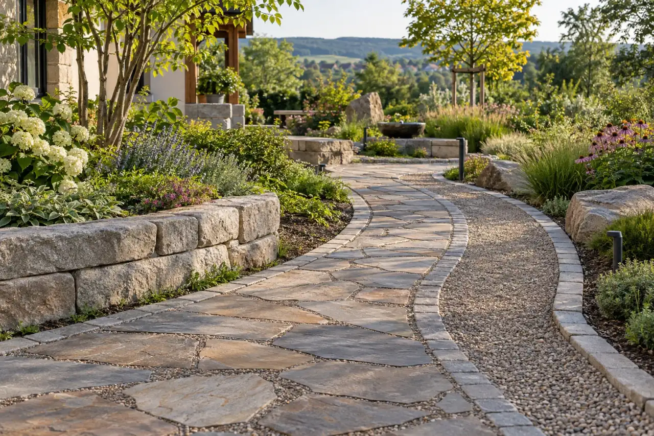 Geschwungener Gartenweg aus Naturstein und heller Mineralfläche