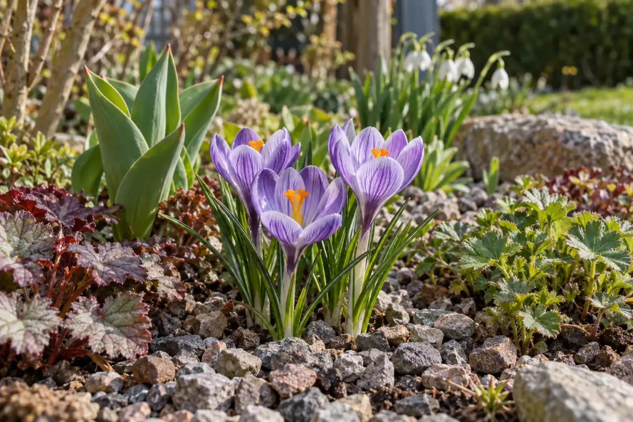 Kleine Zwiebelblüten zwischen jungen Staudentrieben und hellem Kies