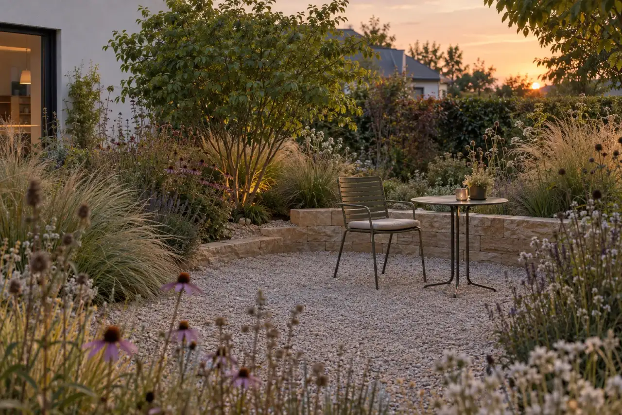 Ruhiger Lieblingsplatz zwischen Gräsern, Blüten und warmem Naturstein am Abend