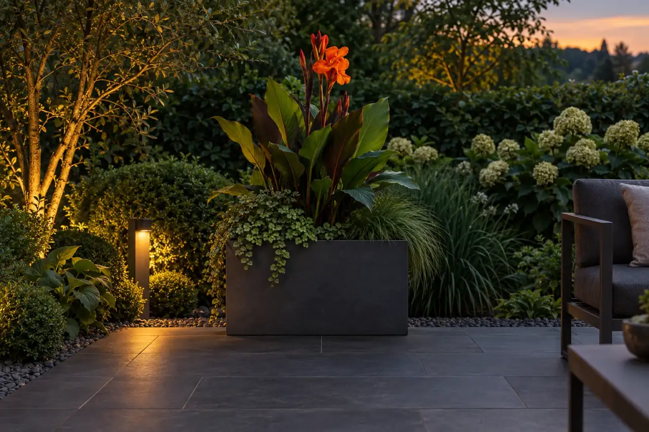 Dunkle matte Grundflächen mit tiefgrünem Laub, Canna-Akzent und warmem Abendlicht.