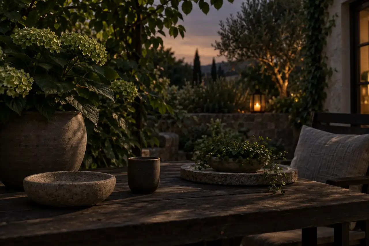 Gedämpfte Gartenmaterialien, tiefe Blattschatten und ein einzelner warmer Lichtakzent.