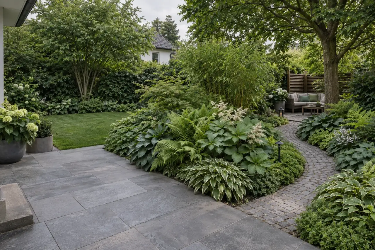 Üppig gestaffelter Hausgarten mit Blattstauden, schmalem Weg und verborgenem Sitzplatz.