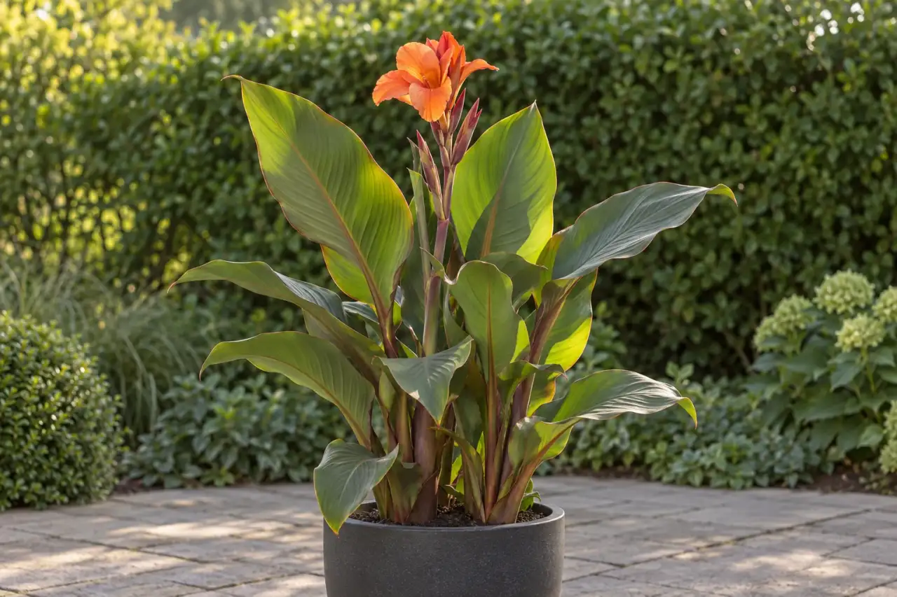Blumenrohr-Hybride mit aufrechten Blättern und warmer Blüte in einem dunklen Gefäß.