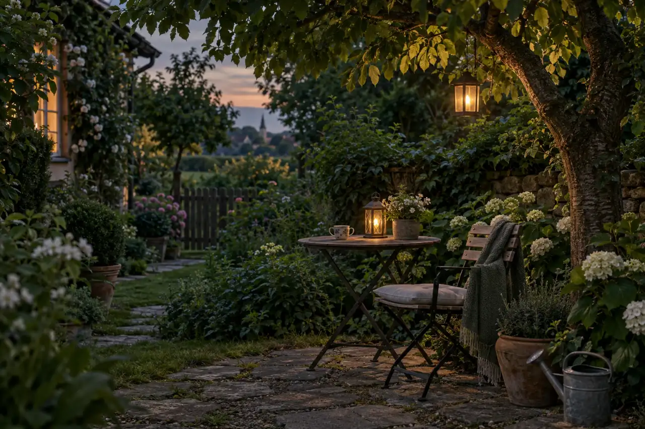 Ruhiger Lieblingsplatz am Abend zwischen tiefgrünen Blättern und warmem Licht.