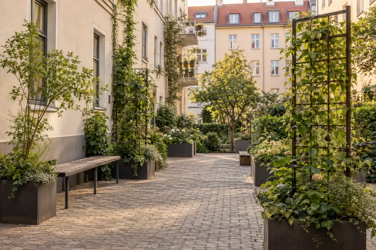 Vertikale Bepflanzung mit freiem Weg und schmaler Sitzbank