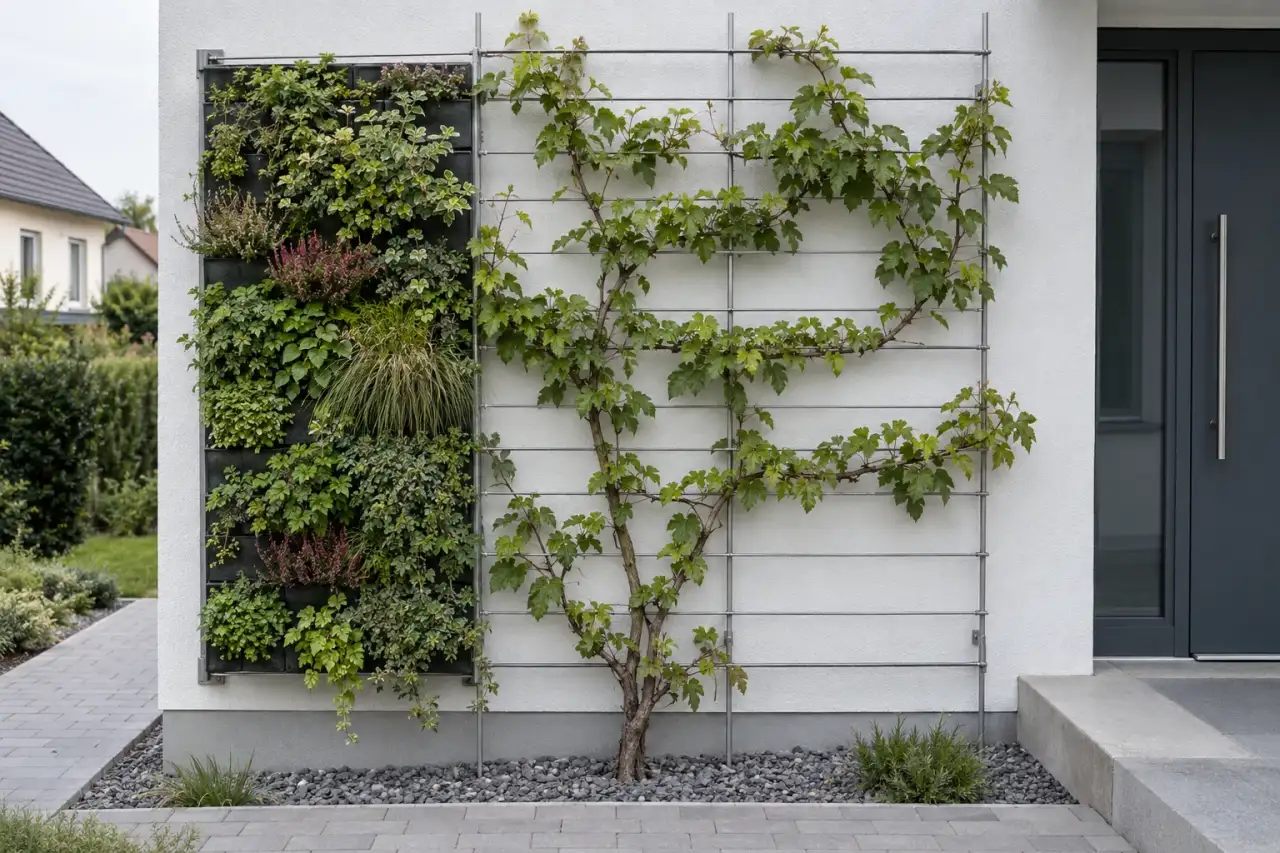 Gartenwand mit getrennten Bereichen für Rankgrün, Spalierform und Pflanzmodule