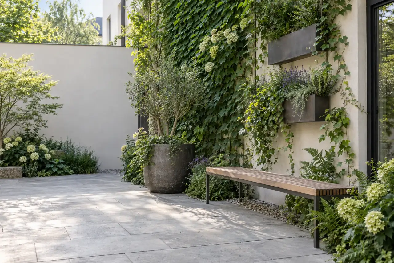 Einladender vertikaler Garten mit Rankgrün, Wandgefäßen und schmaler Bank