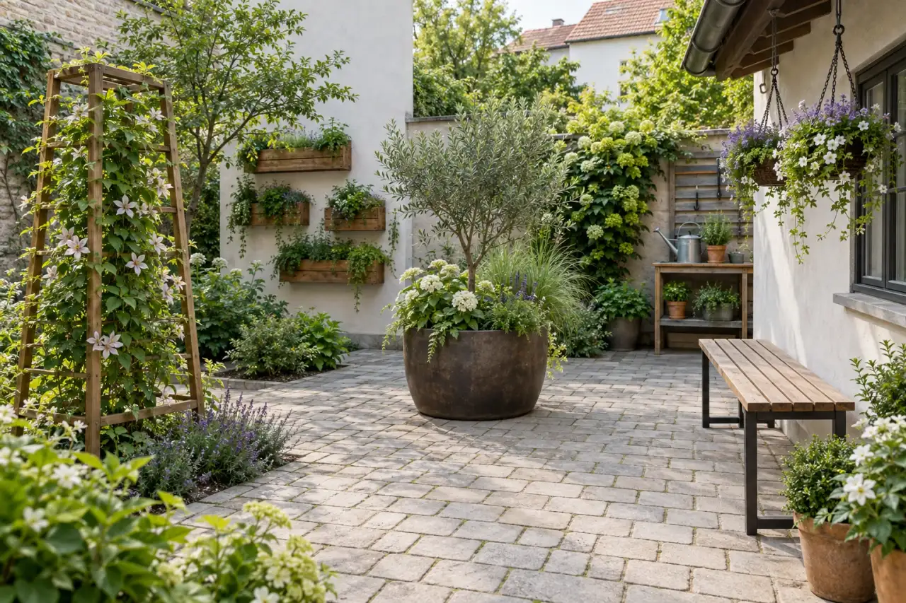 Gesamtansicht mit Rankgitter, Wandmodulen, Hängegefäßen, Wurzelkübel, Bank und Pflegeplatz