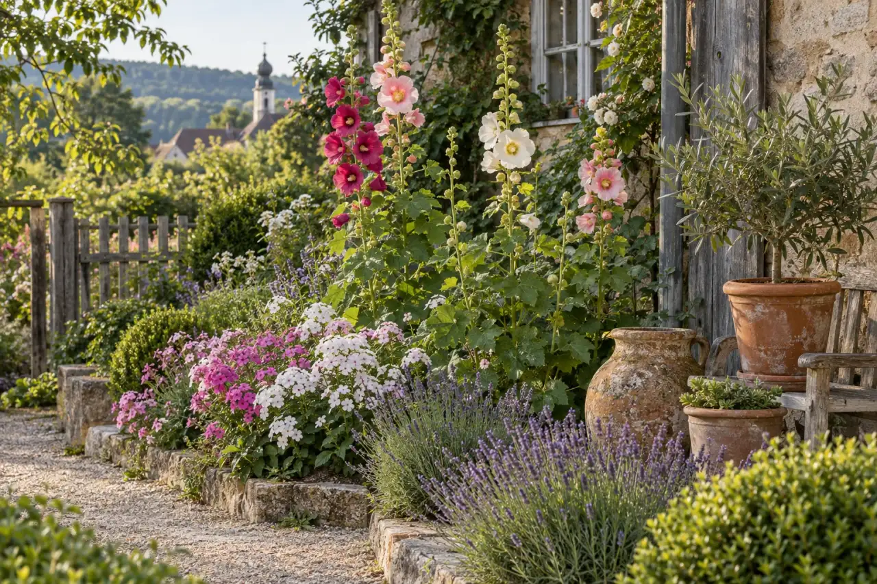 Leichte Blüten zwischen Holz, Terrakotta und einem sonnigen Lavendelrand