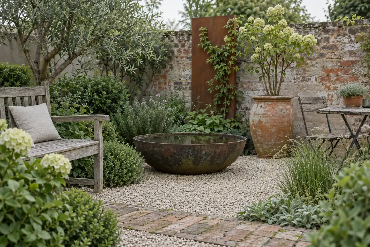 Wiederkehrende Materialien mit Patina in einer ruhigen Gartenecke