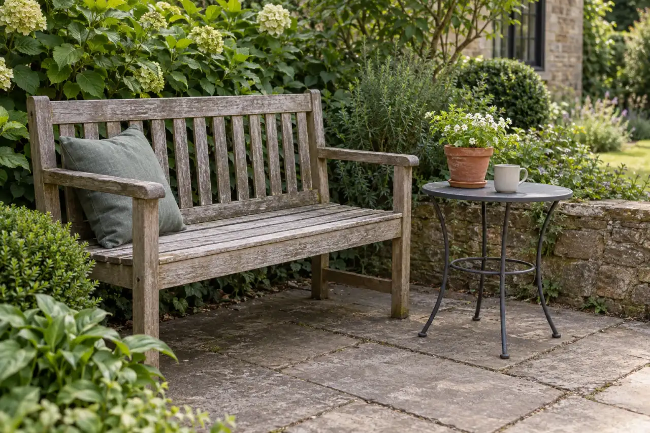 Gebrauchte Gartenmöbel und Terrakottatopf an einem nutzbaren Sitzplatz