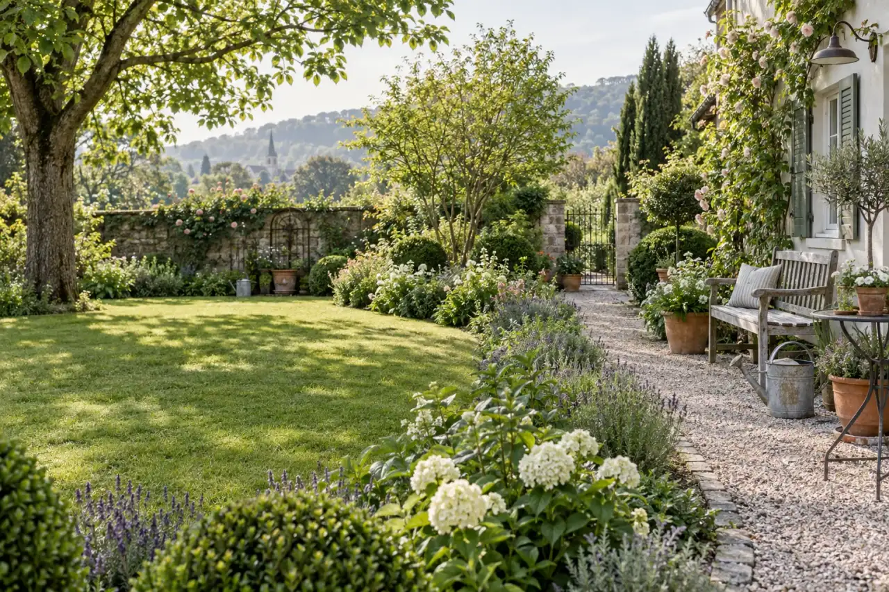 Einladender Vintage-Hausgarten mit Blüten, Kiesweg und gebrauchter Holzbank