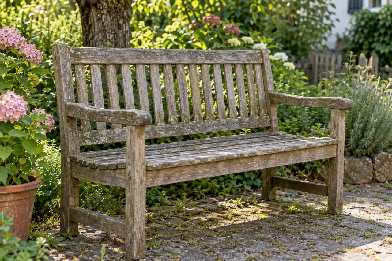 Gebrauchte Holzbank mit sichtbarer Patina