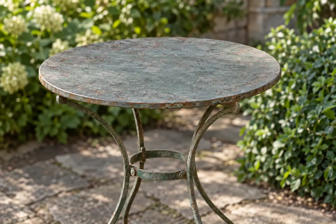 Schlichter Gartentisch aus Metall mit matter Oberfläche