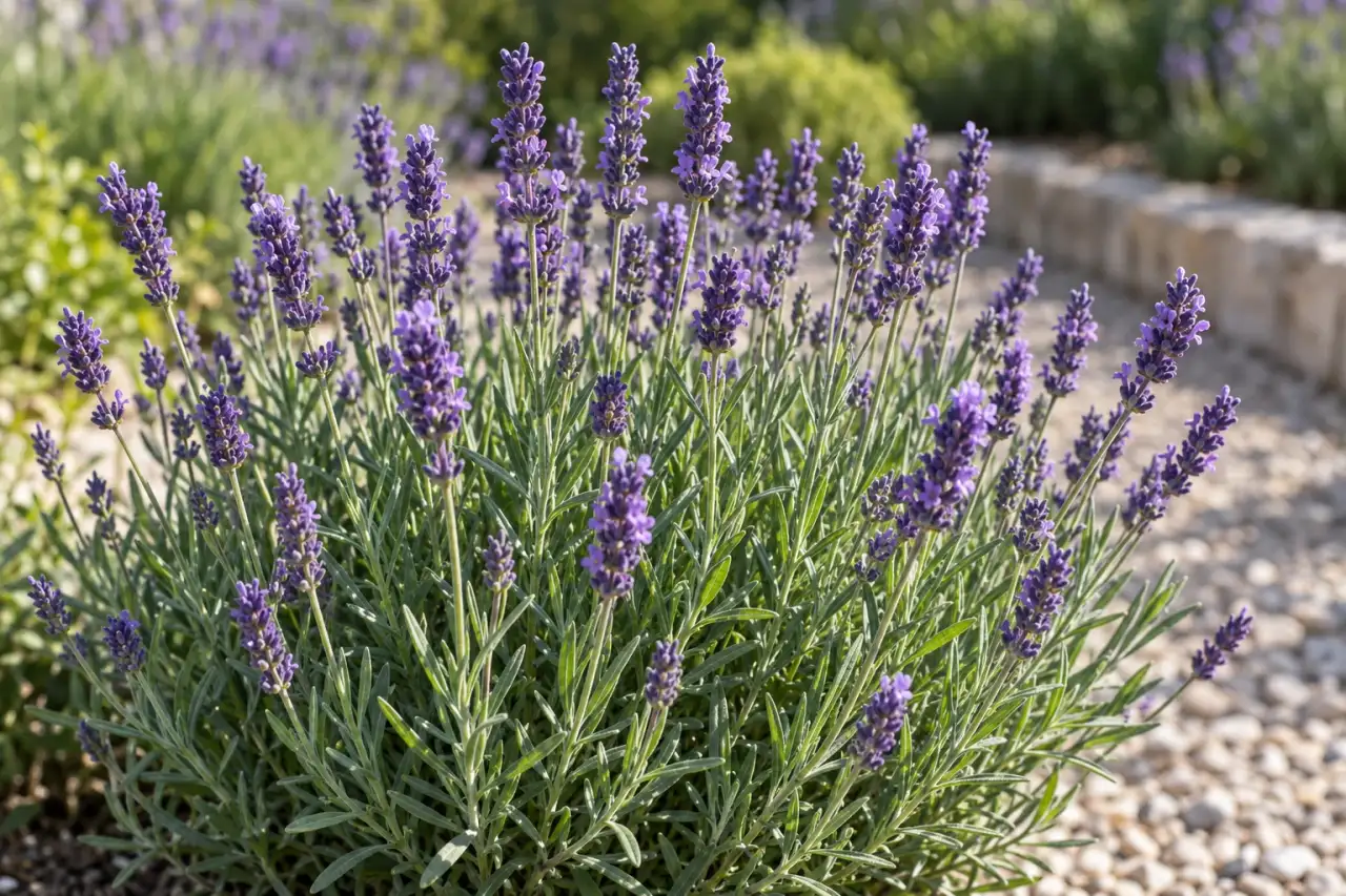 Echter Lavendel mit schmalem Laub und violetten Blütenähren