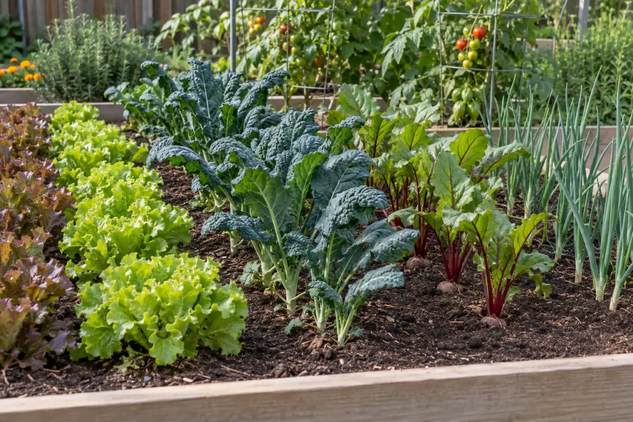 Saisonale Gemüsekulturen in einem gepflegten Gartenbeet