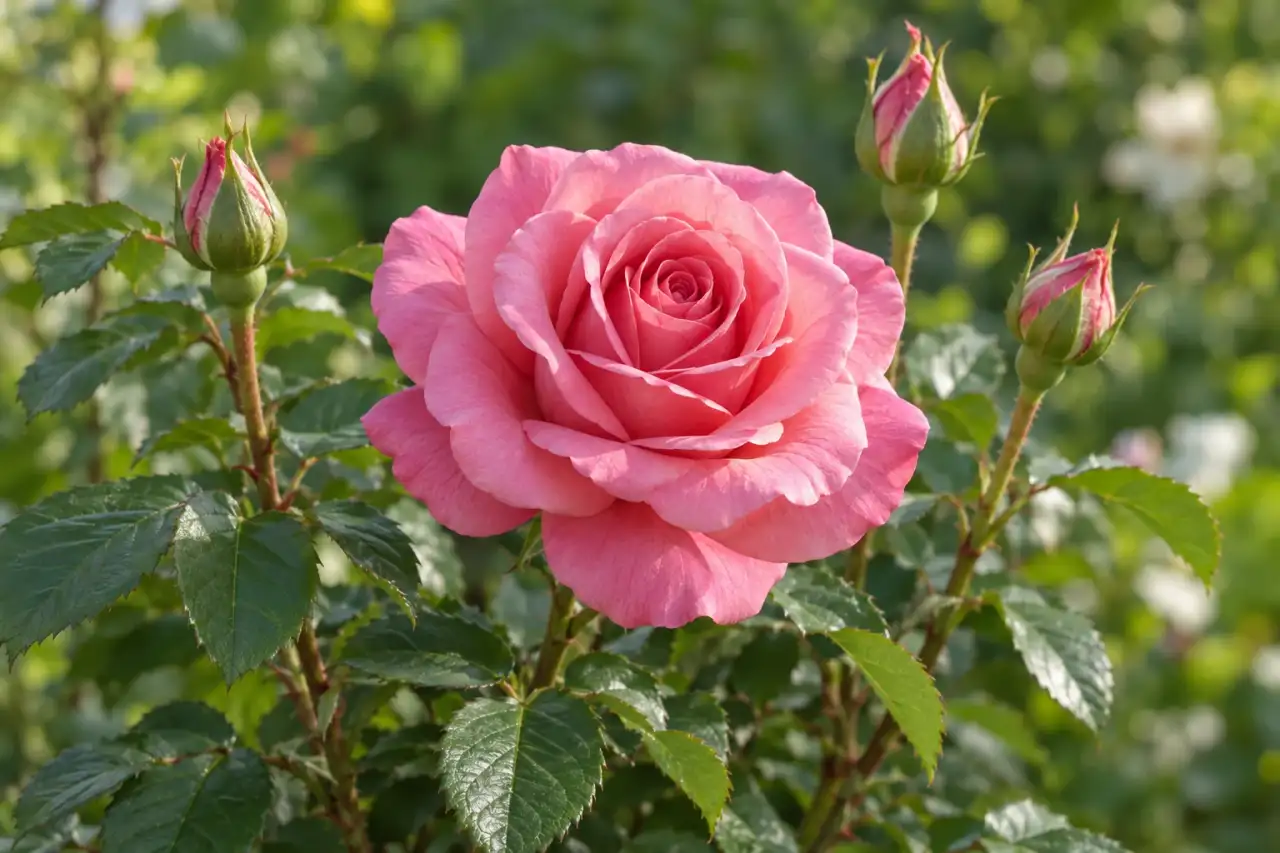 Blühende Rose mit gesundem Laub im Detail