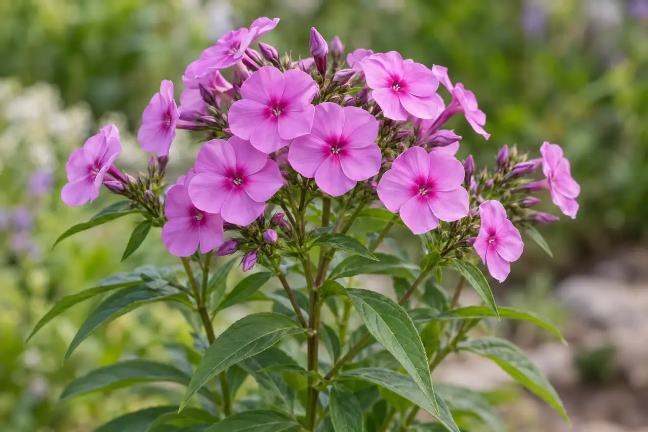 Blütendolden eines Stauden-Phlox im Gartendetail
