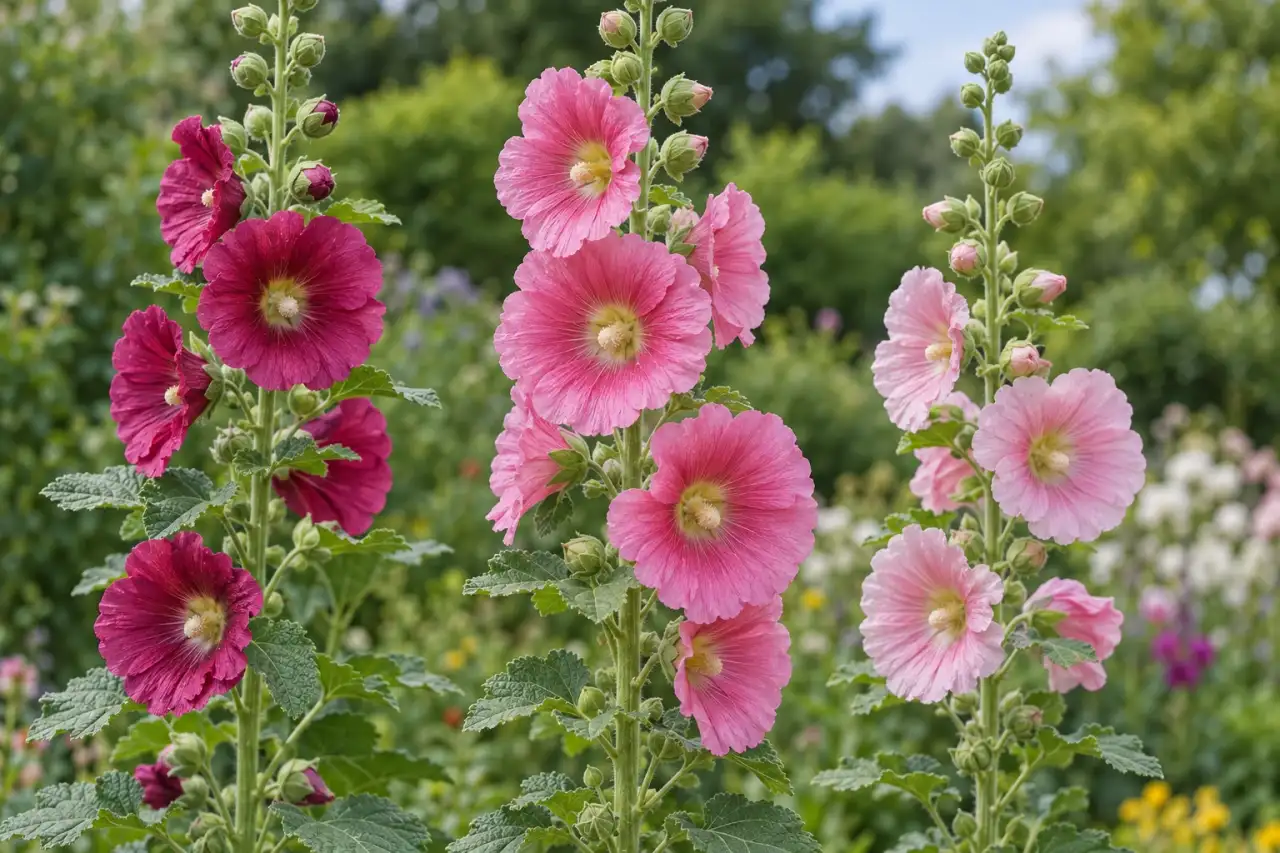 Aufrechte Blütenstiele einer Stockrose