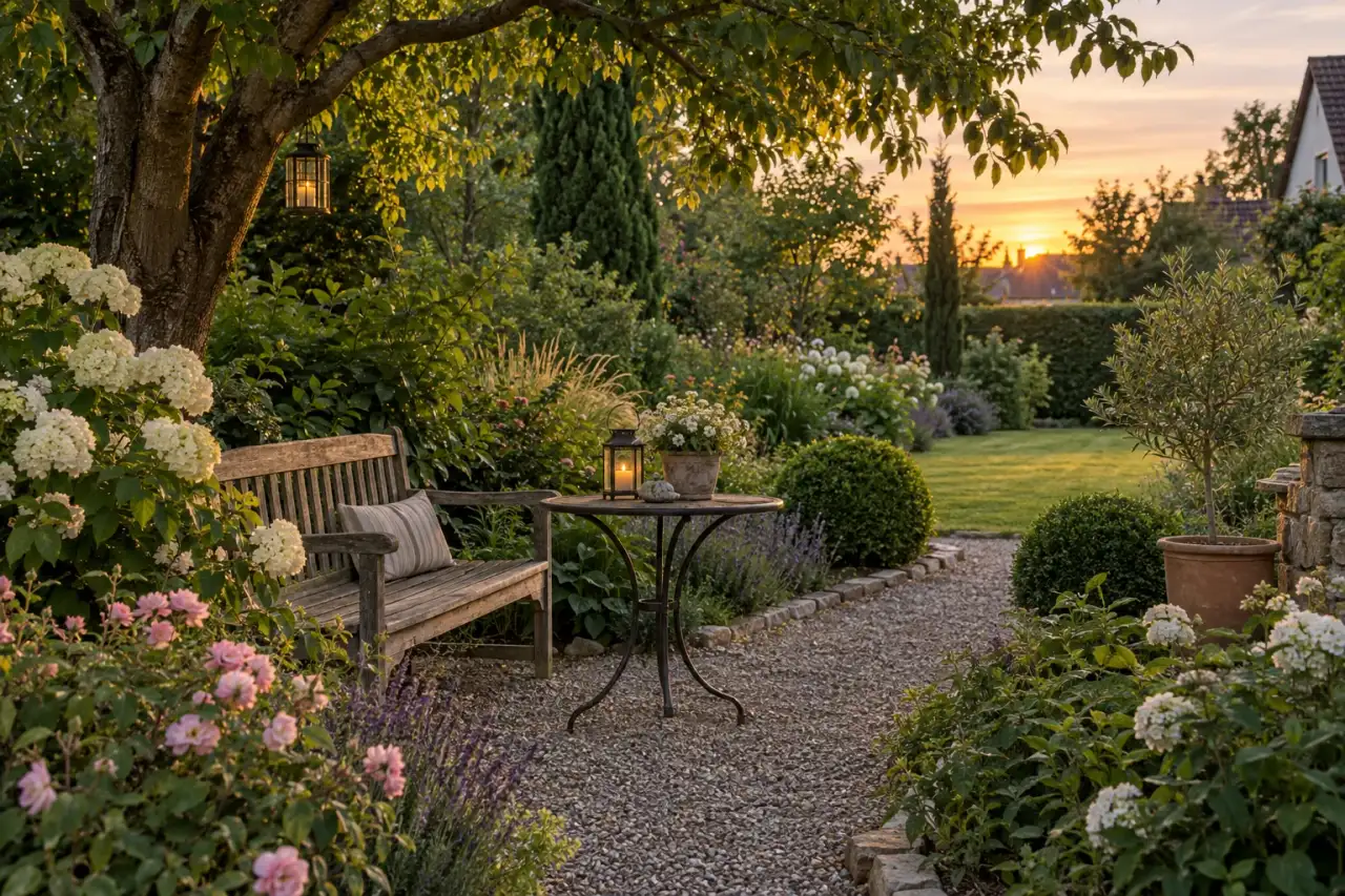 Wohnlicher Lieblingsplatz im Vintage-Garten in ruhiger Abendstimmung