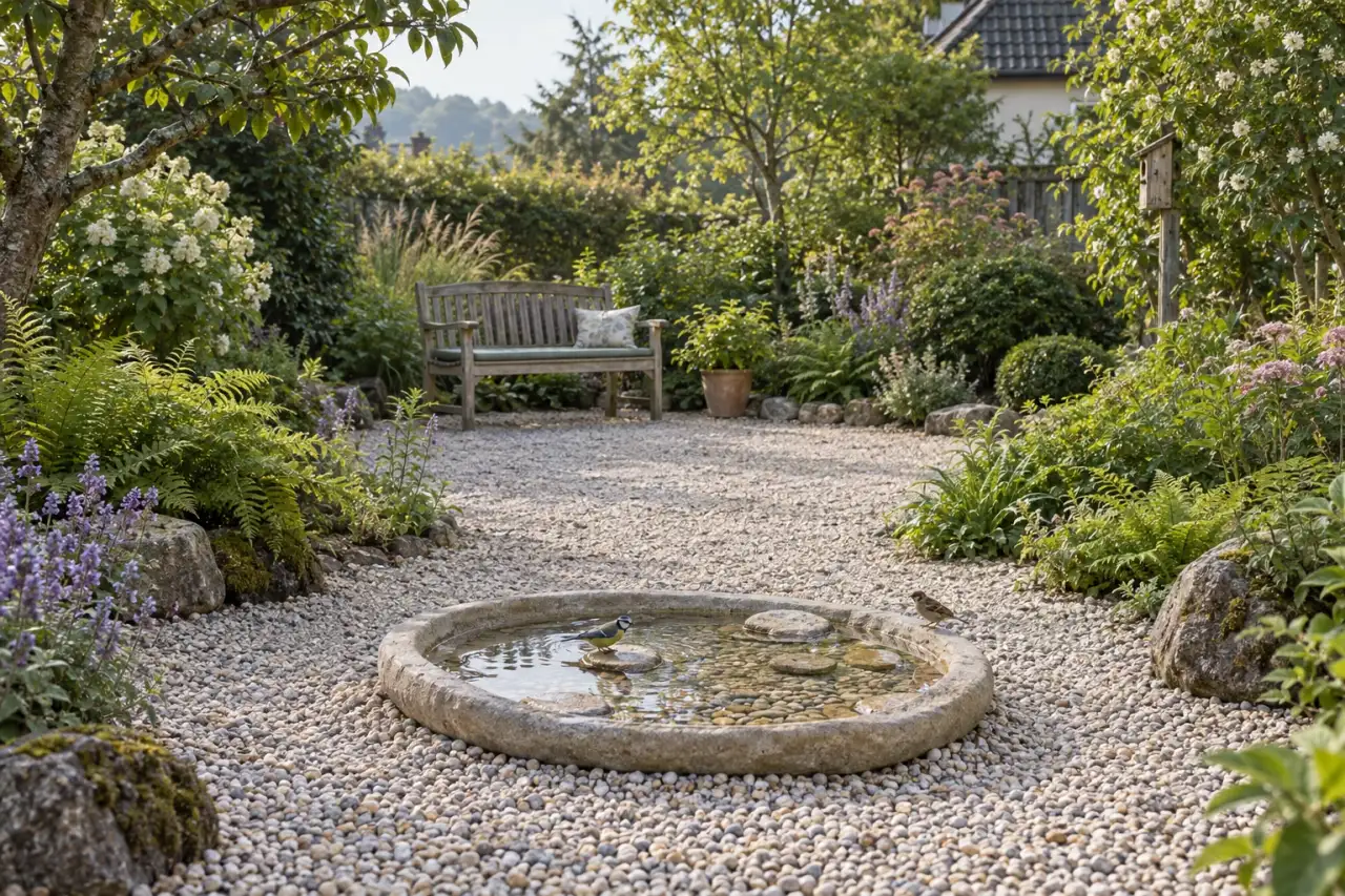 Geschützter Sitzplatz mit offenem Blick zwischen dichten Gartennischen