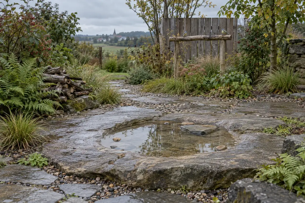 Flache Wasserstelle mit Holz, Naturstein und verwitterten Oberflächen
