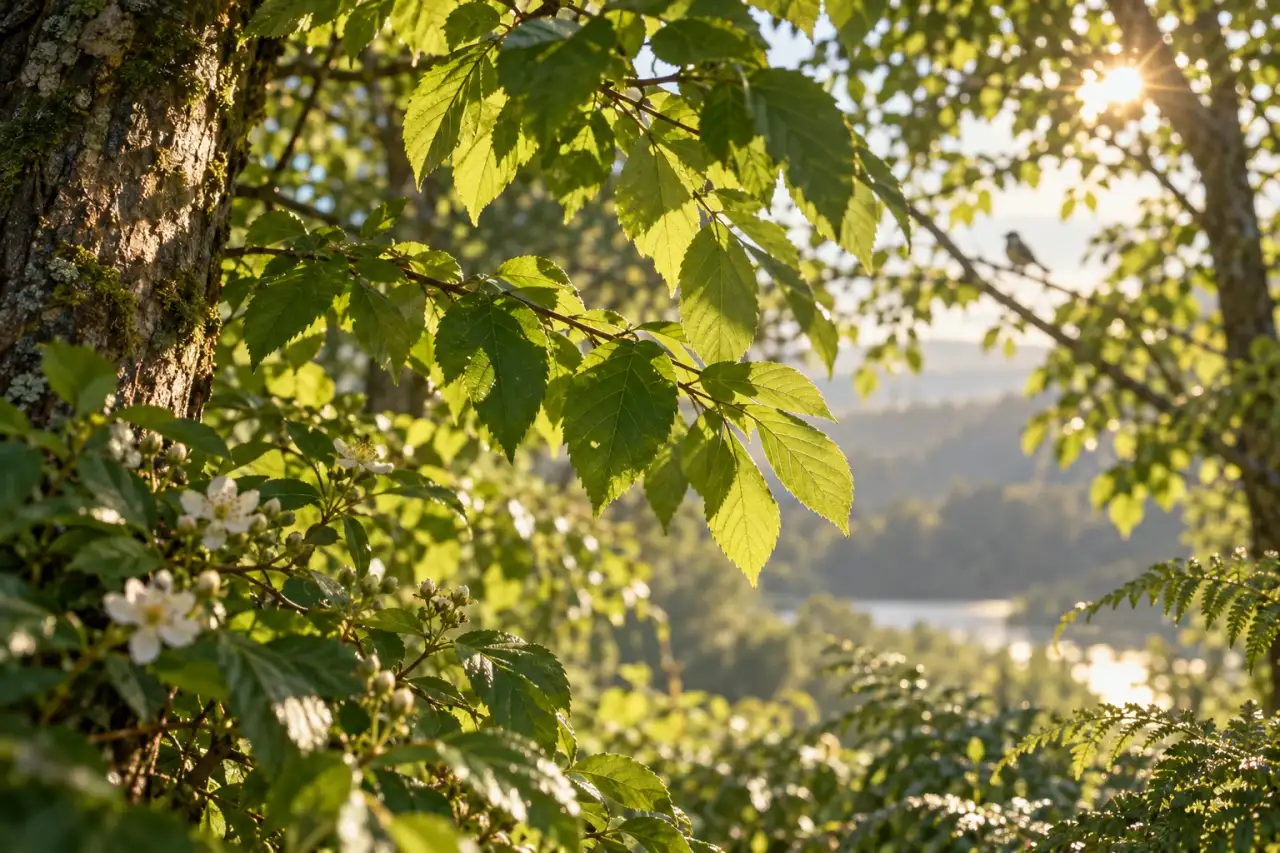 Morgendliche Lichtflecken in bewegtem grünem Laub