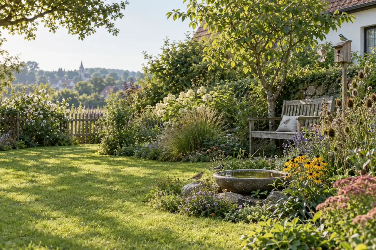 Weitläufiger Vogelgarten mit Gehölzrand, Stauden, Wasserstelle und ruhiger Bank