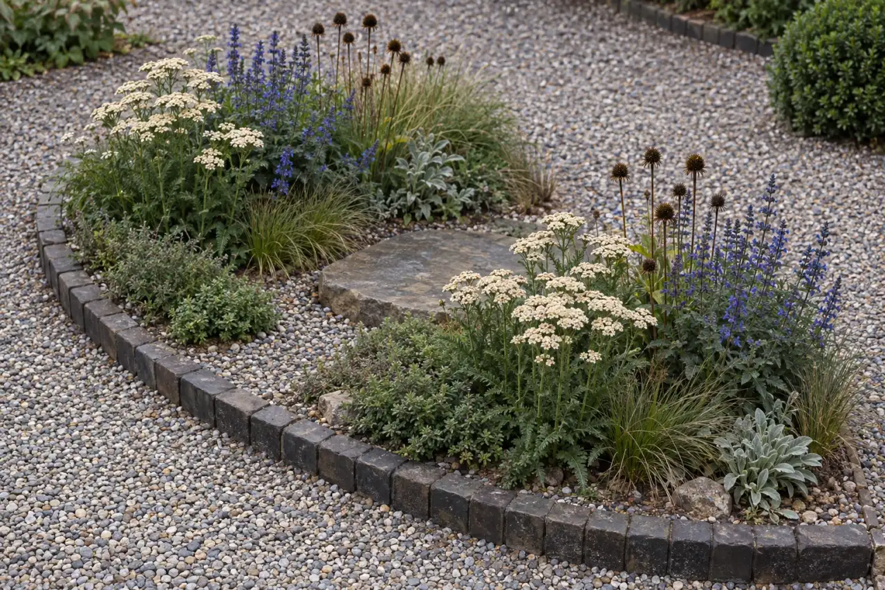 Blüten- und Samenbeet mit wiederkehrenden Pflanzengruppen