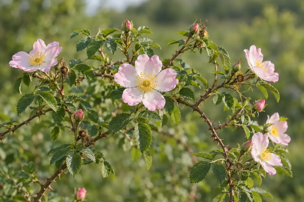 Blüten und bogige Triebe einer Hundsrose